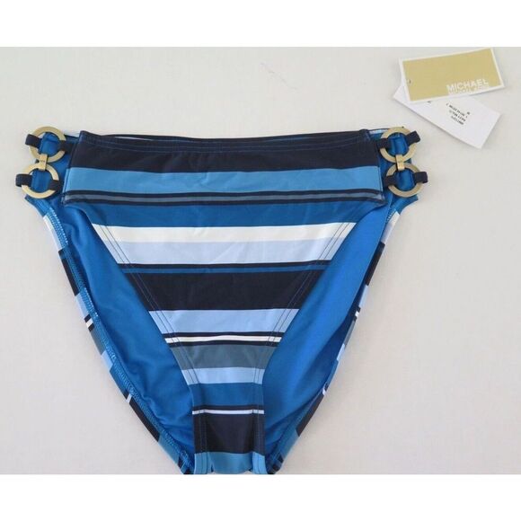 Michael Kors MM1T273 Women Sz M Navy Multi Striped High Waist Bikini Bottom $76+ - Picture 1 of 6